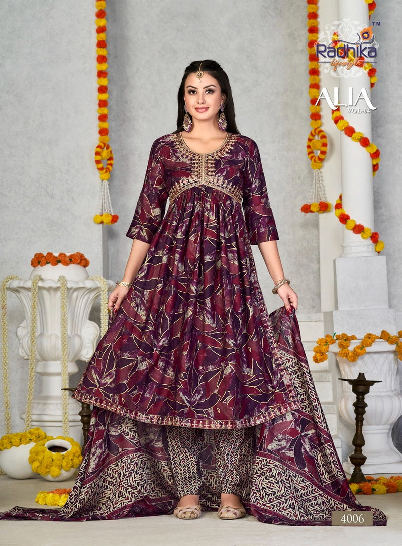 Radhika Lifestyle Alia Vol 4 Muslin Fancy Embroidery Alia Cut Kurti Collection