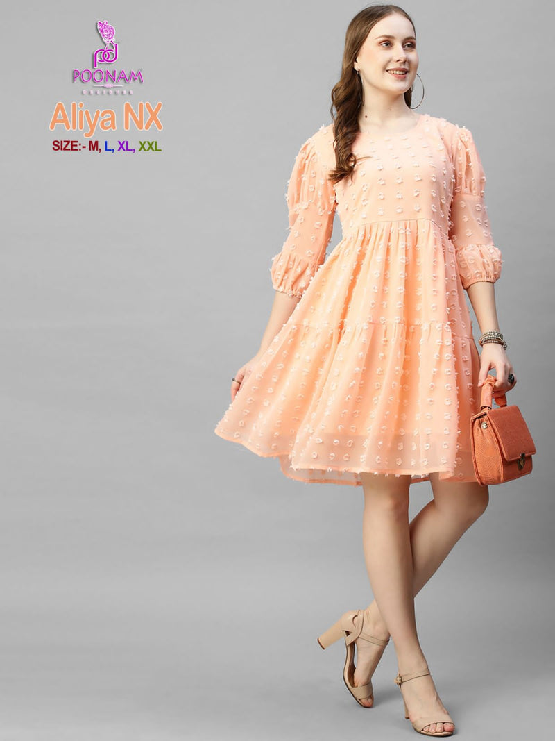 Poonam Designer Aliya Nx Georgette Butti Fabric Fancy Aliya Cut Short Gowns