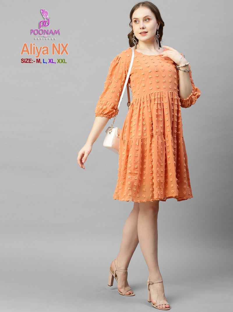 Poonam Designer Aliya Nx Georgette Butti Fabric Fancy Aliya Cut Short Gowns