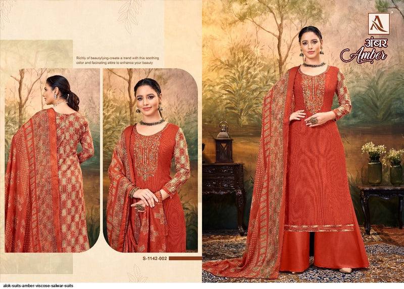 Alok Suit Amber Viscose Rayon Print Fancy Embroidery Swarovski Diamond Work Designer Printed Salwar Suit