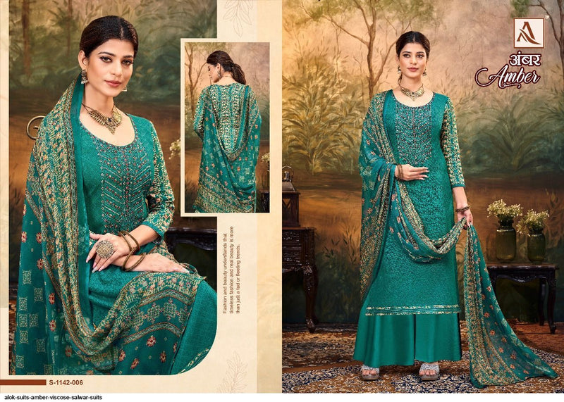 Alok Suit Amber Viscose Rayon Print Fancy Embroidery Swarovski Diamond Work Designer Printed Salwar Suit