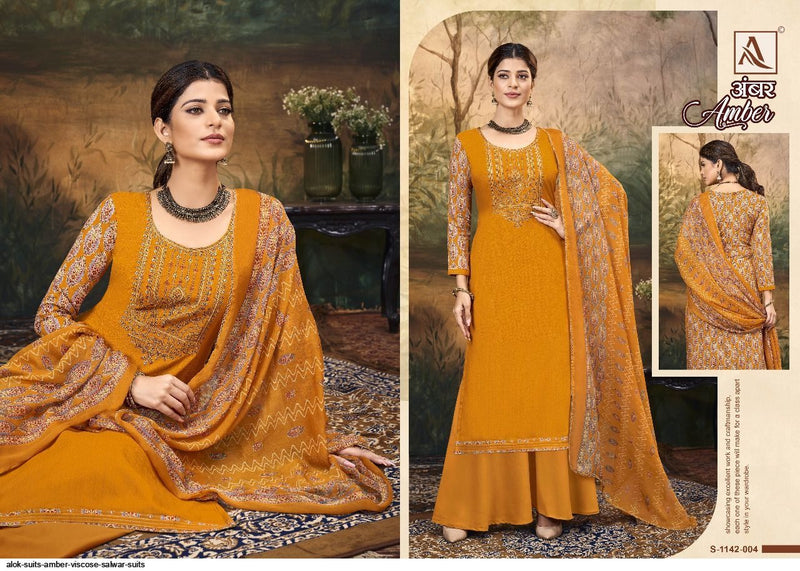 Alok Suit Amber Viscose Rayon Print Fancy Embroidery Swarovski Diamond Work Designer Printed Salwar Suit
