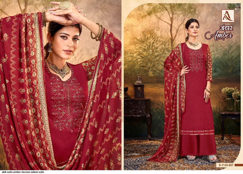 Alok Suit Amber Viscose Rayon Print Fancy Embroidery Swarovski Diamond Work Designer Printed Salwar Suit
