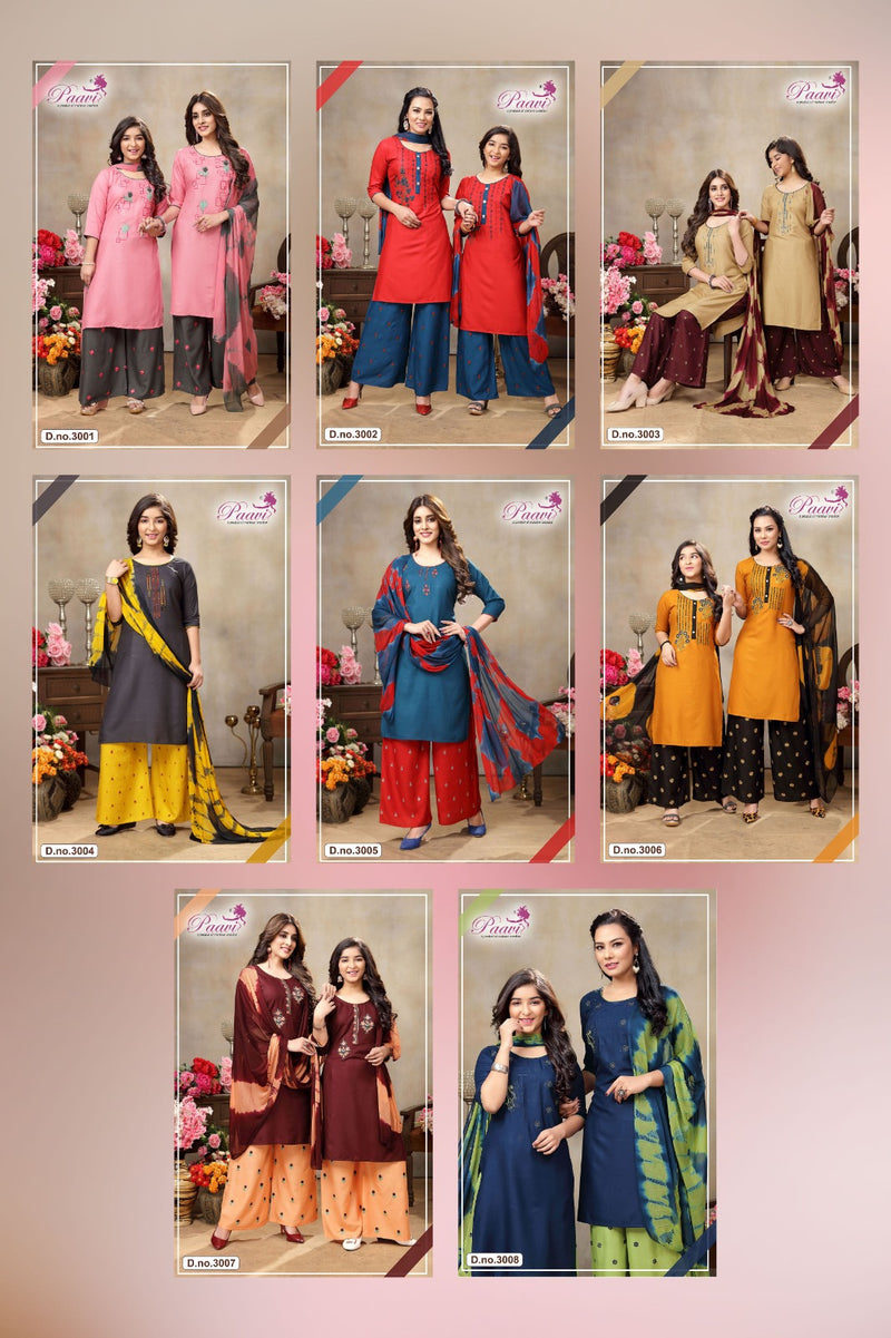 Paavi Creation Aalokhi Vol 3 Rayon Fancy Work Kurti With Plazzo & Dupatta