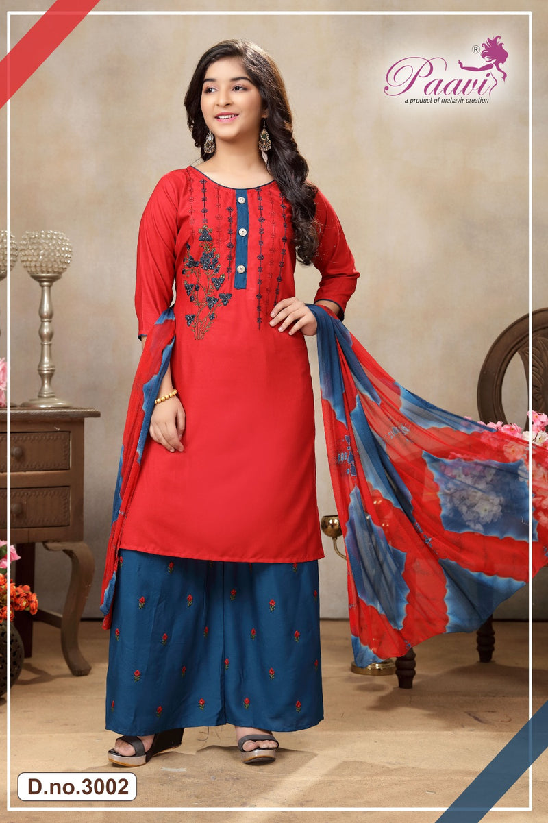 Paavi Creation Aalokhi Vol 3 Rayon Fancy Work Kurti With Plazzo & Dupatta