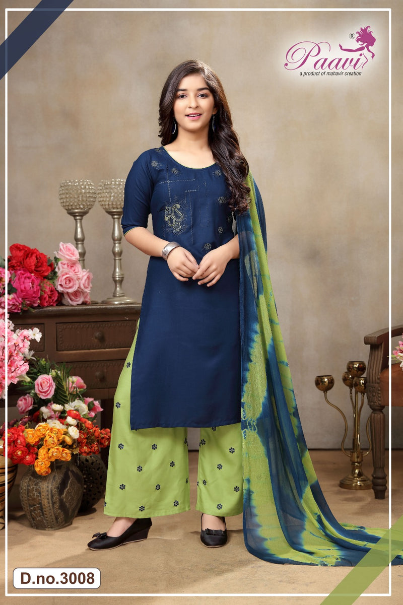 Paavi Creation Aalokhi Vol 3 Rayon Fancy Work Kurti With Plazzo & Dupatta