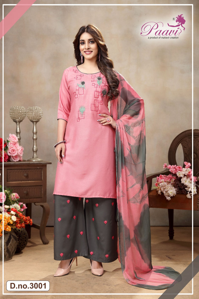 Paavi Creation Aalokhi Vol 3 Rayon Fancy Work Kurti With Plazzo & Dupatta