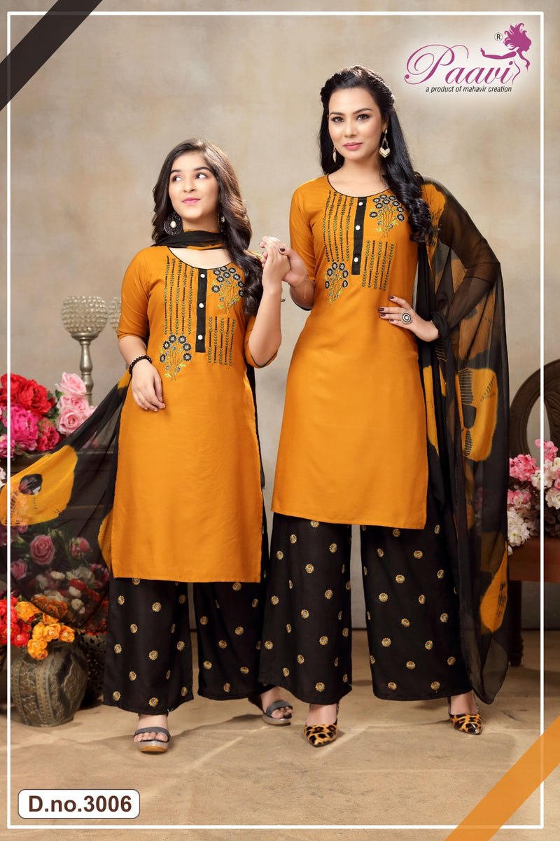 Paavi Creation Aalokhi Vol 3 Rayon Fancy Work Kurti With Plazzo & Dupatta