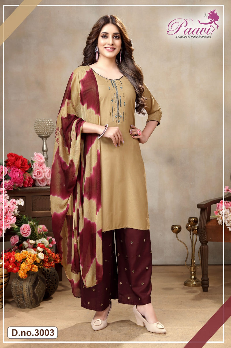 Paavi Creation Aalokhi Vol 3 Rayon Fancy Work Kurti With Plazzo & Dupatta