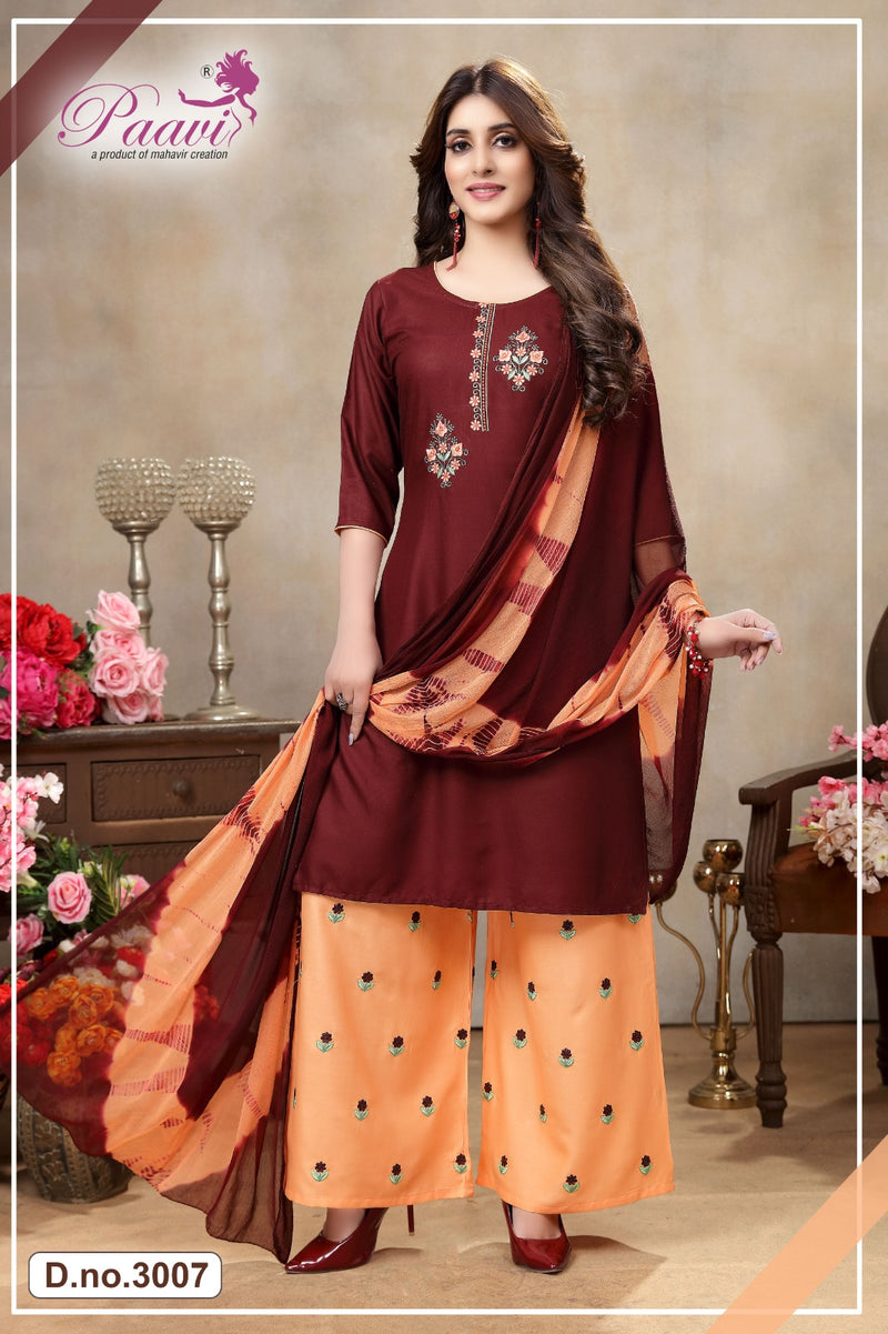 Paavi Creation Aalokhi Vol 3 Rayon Fancy Work Kurti With Plazzo & Dupatta