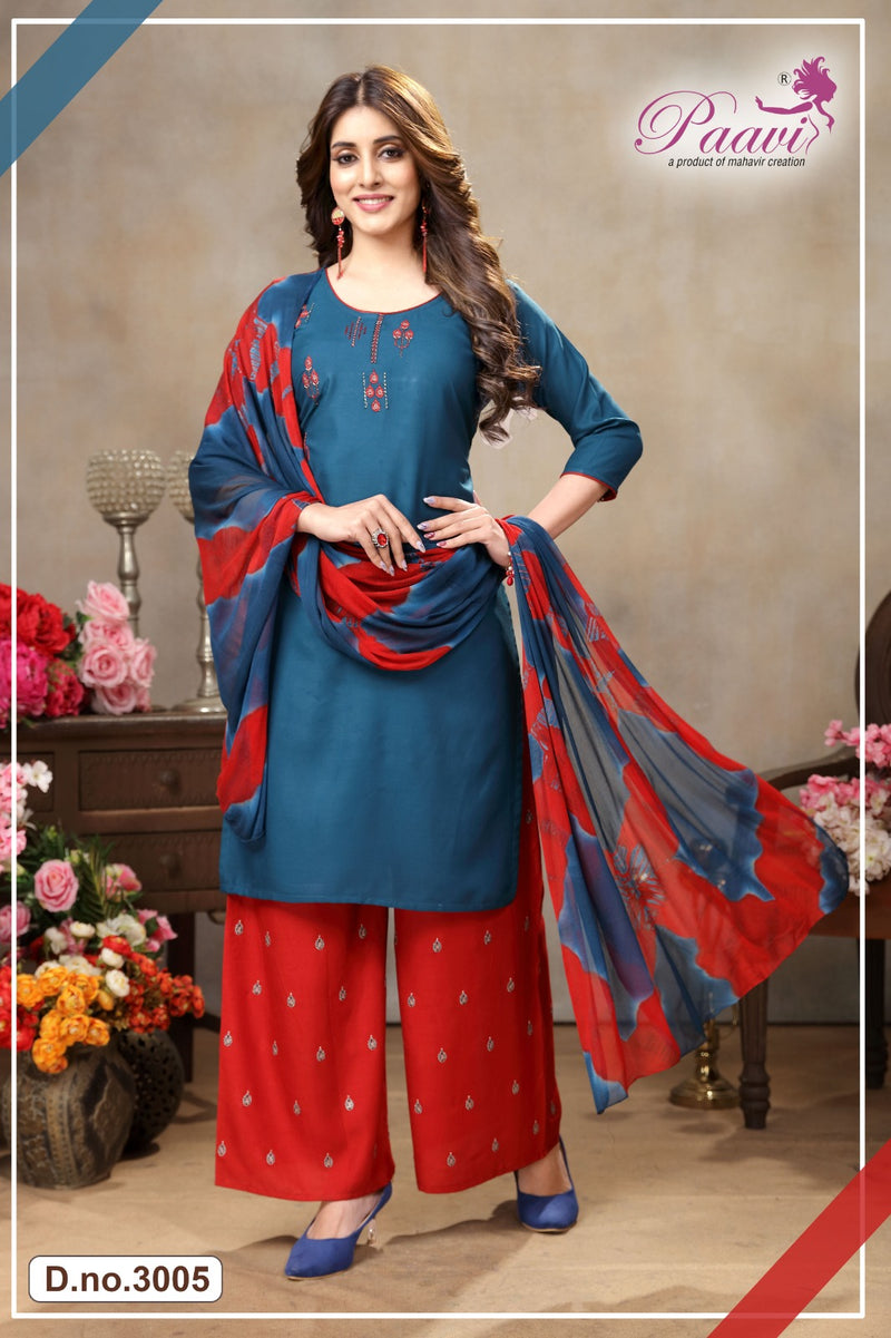 Paavi Creation Aalokhi Vol 3 Rayon Fancy Work Kurti With Plazzo & Dupatta