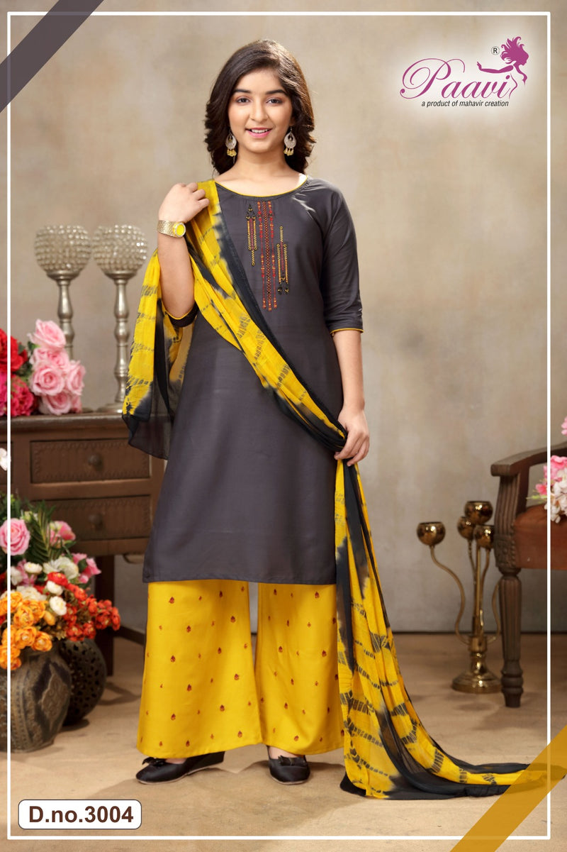 Paavi Creation Aalokhi Vol 3 Rayon Fancy Work Kurti With Plazzo & Dupatta