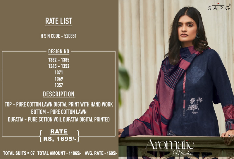 Sarg Aromatic Meadow Lawn Cotton Digital Print With Fancy Hand Work Designer Salwar Suits