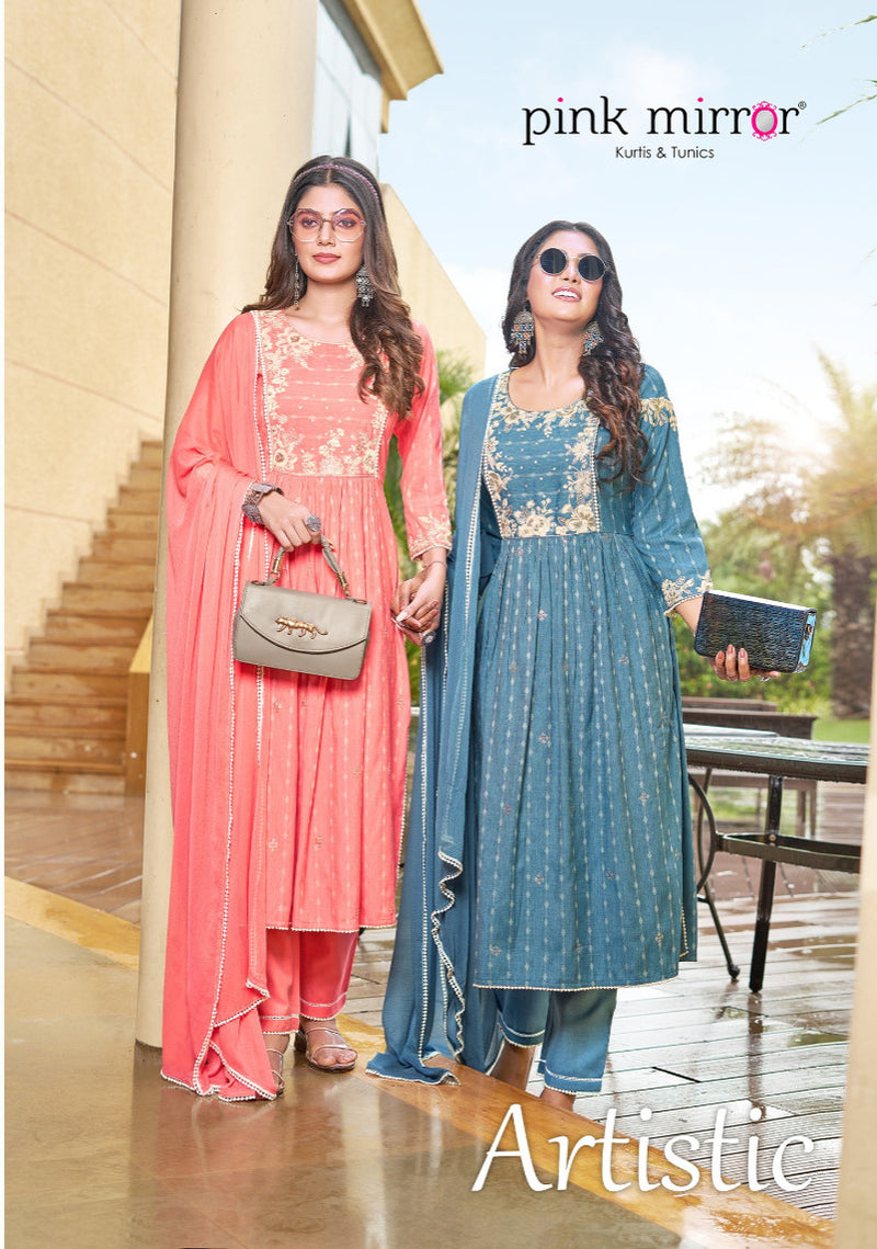 Pink Mirror Artistic Viscose Naira Style Kurti With Pant Collection