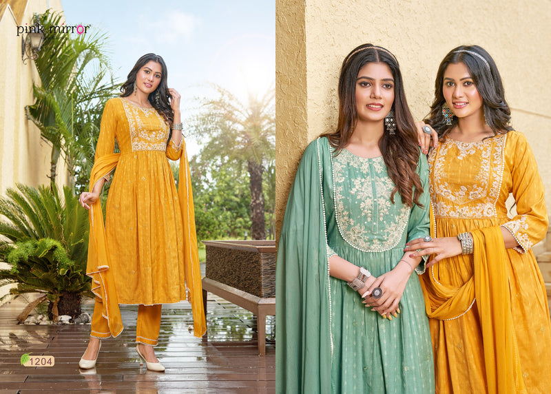 Pink Mirror Artistic Viscose Naira Style Kurti With Pant Collection