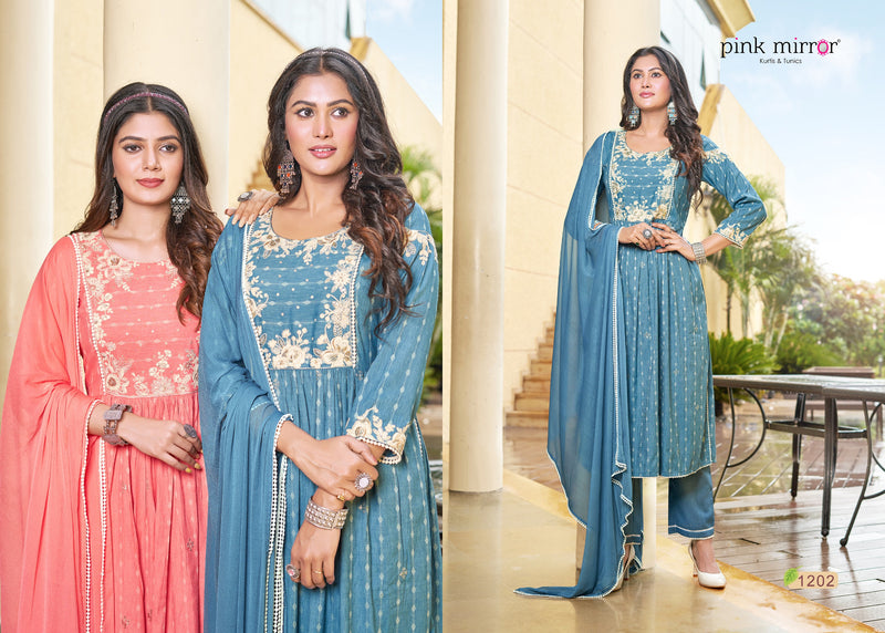Pink Mirror Artistic Viscose Naira Style Kurti With Pant Collection