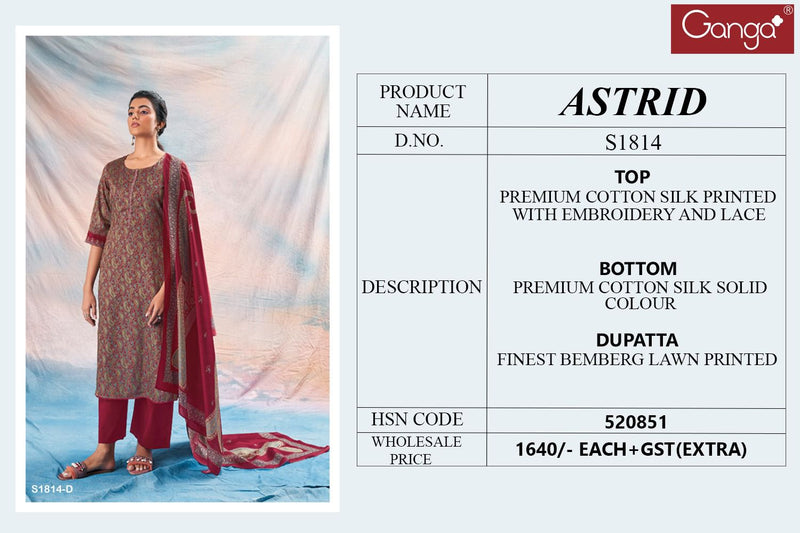 Ganga Astrid 1814 Silk Cotton Printed With Embroidery Fancy Traditional Wear Suits