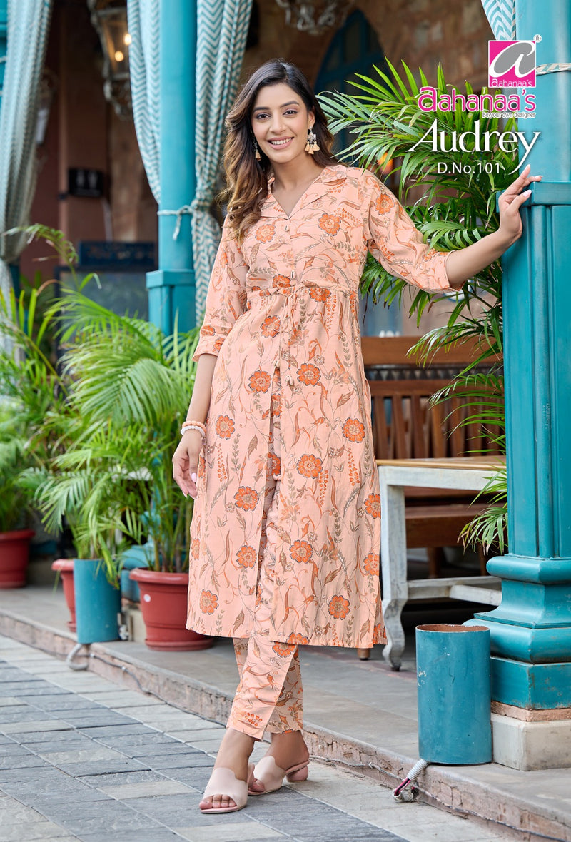 Aahanaas Audrey Modal Chanderi Prints Fancy Center Cut Pattern Kurti With Bottom