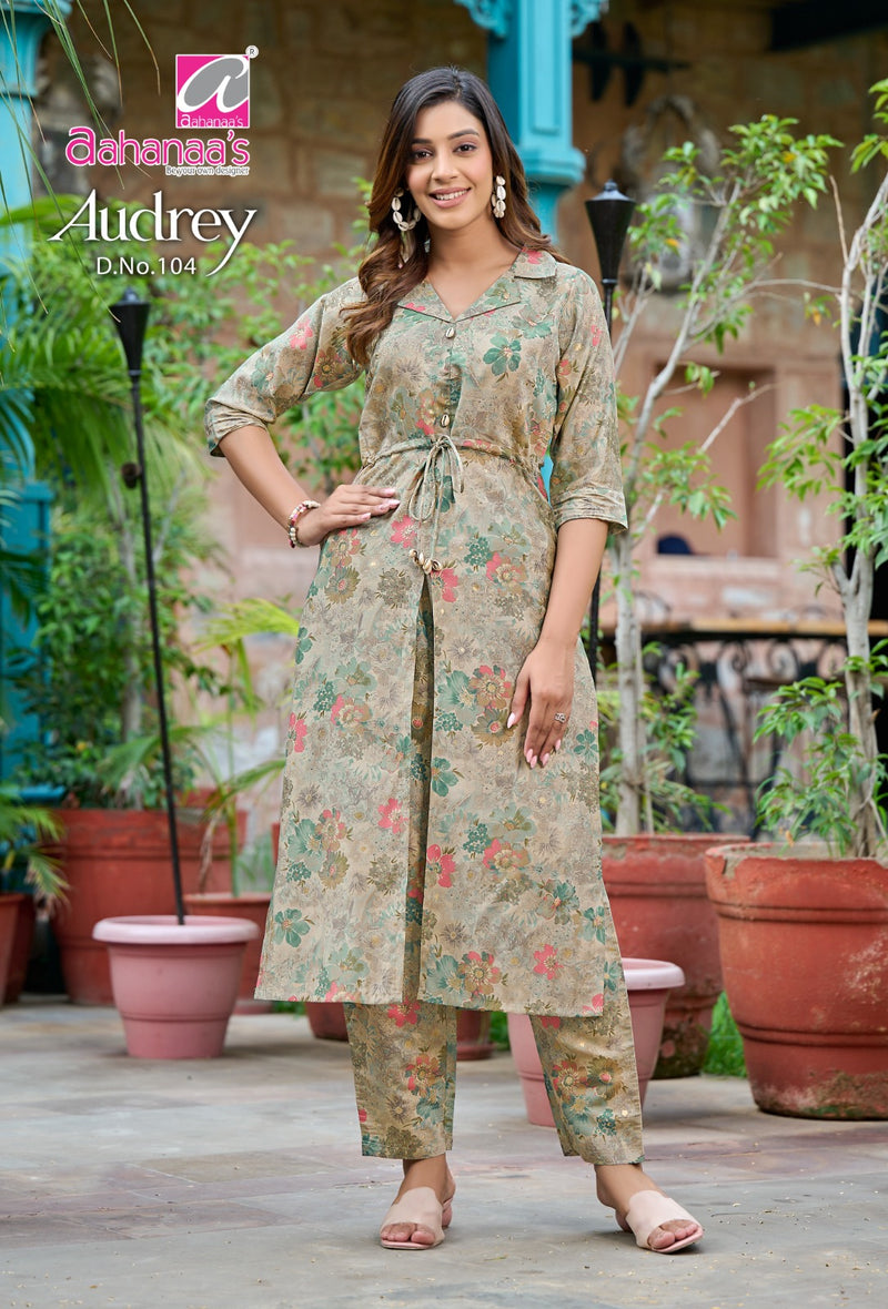 Aahanaas Audrey Modal Chanderi Prints Fancy Center Cut Pattern Kurti With Bottom