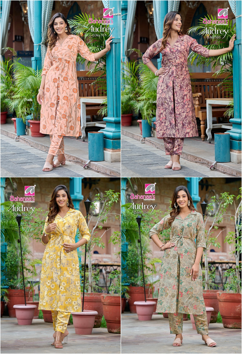 Aahanaas Audrey Modal Chanderi Prints Fancy Center Cut Pattern Kurti With Bottom