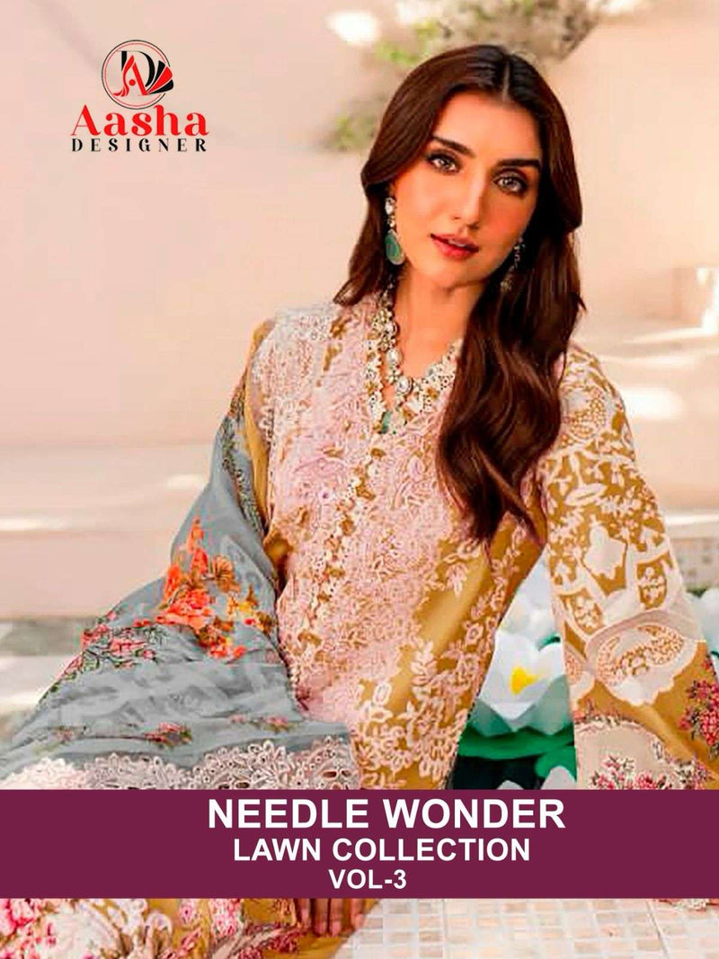 Aasha Designer Needle Wonder Lawn Collection Vol 3 Cotton Print With Heavy Embroidery Salwar Suit