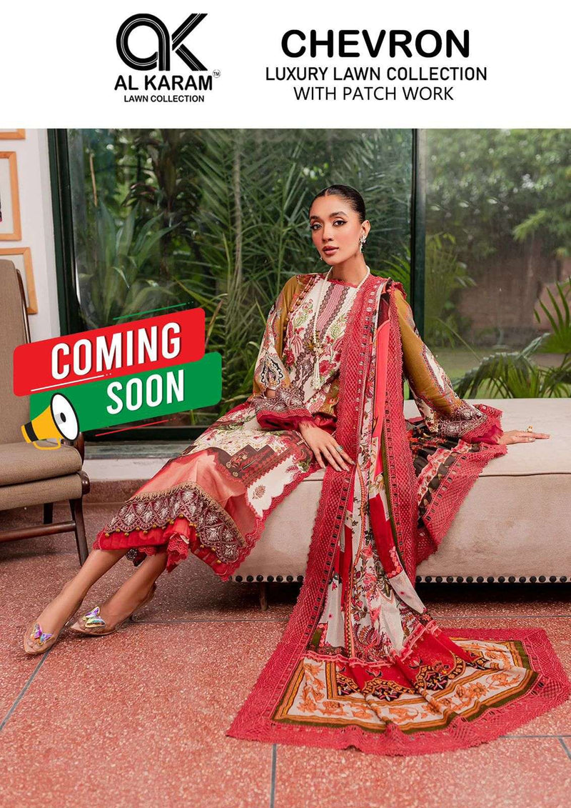 Al Karam Chervon Luxury Lawn Collection Cotton Print With Exclusive Embroidery Patches Salwar Suit