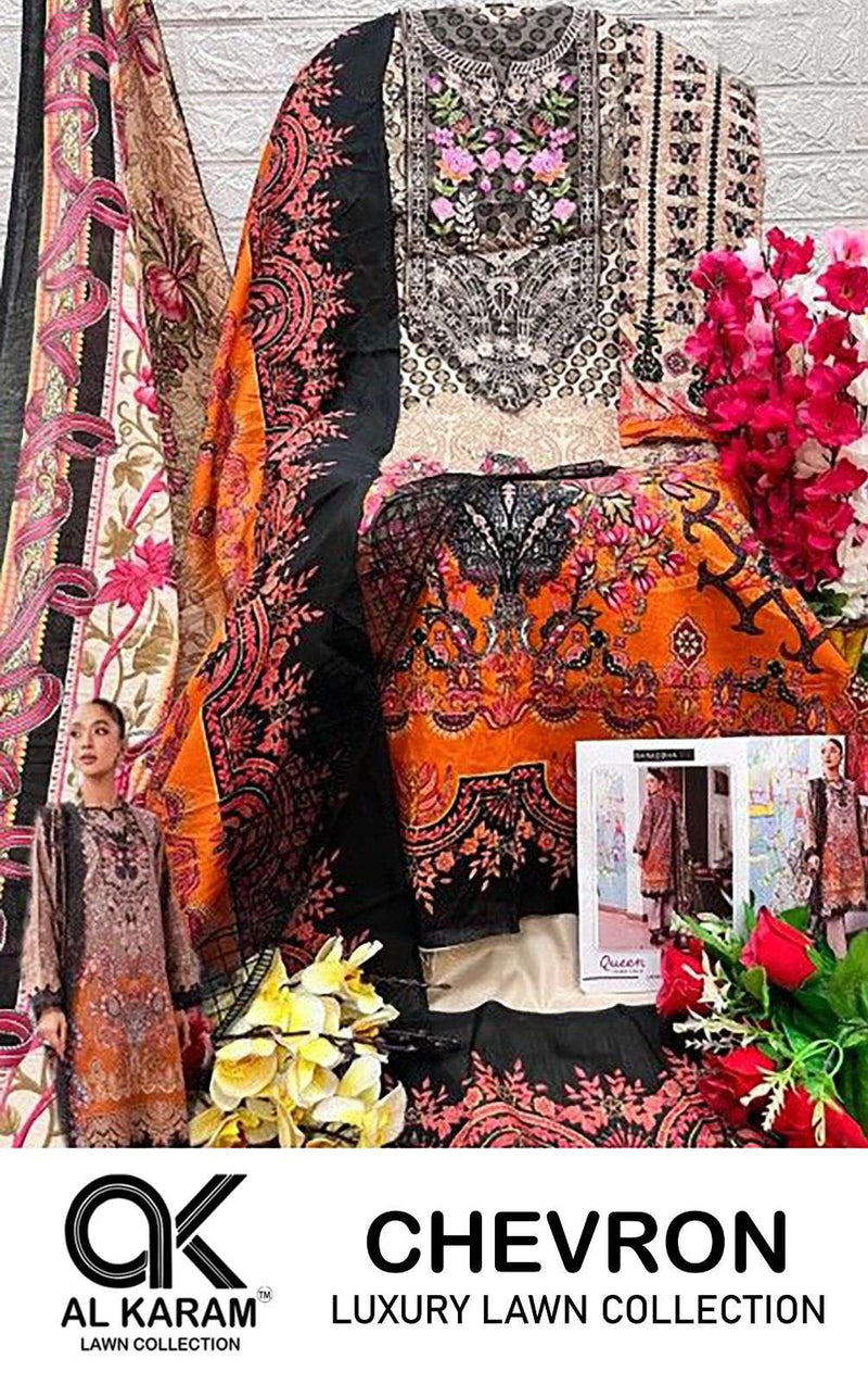 Al Karam Chervon Luxury Lawn Collection Cotton Print With Exclusive Embroidery Patches Salwar Suit