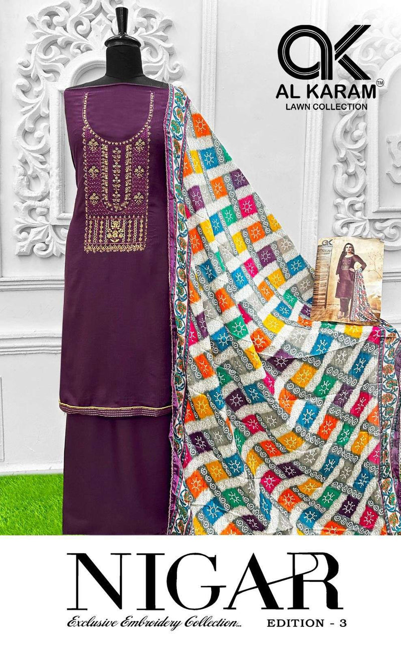 Al Karam Nigar Vol 3 Pure Rayon Embroidered Savrovaski Diamond Work Salwar Suit