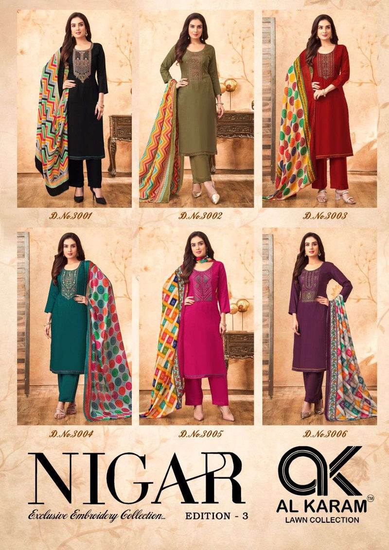 Al Karam Nigar Vol 3 Pure Rayon Embroidered Savrovaski Diamond Work Salwar Suit