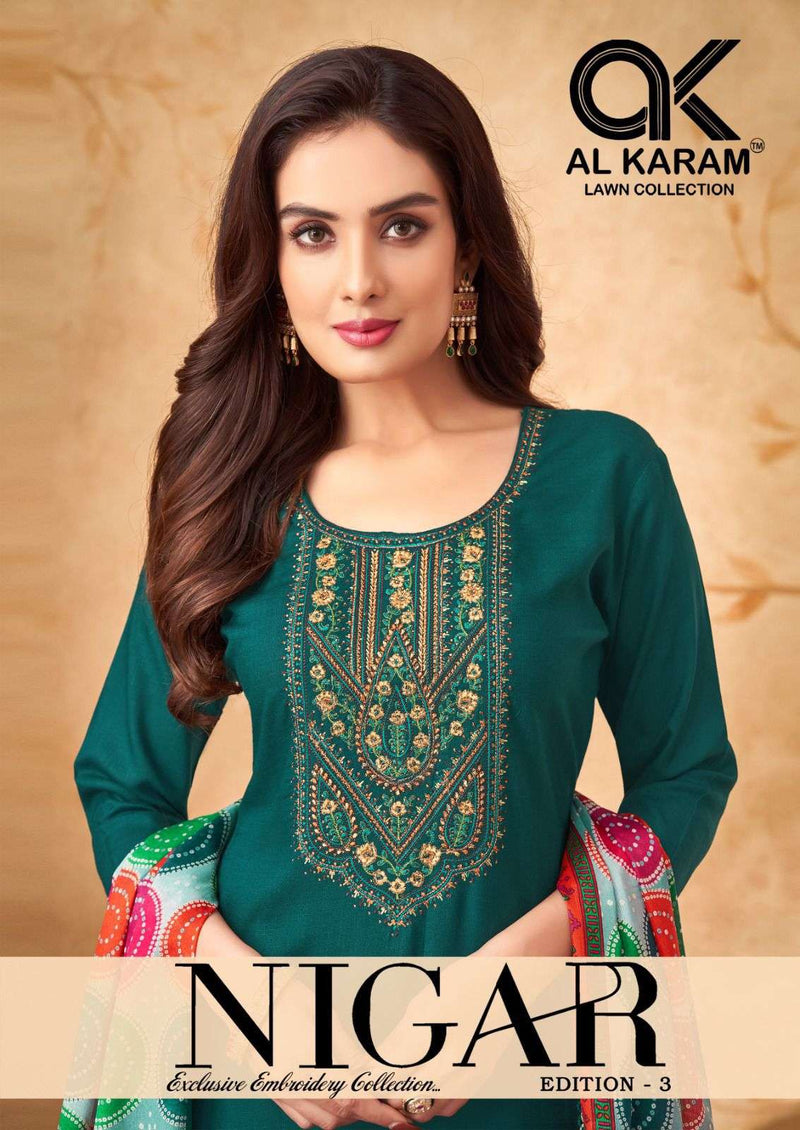Al Karam Nigar Vol 3 Pure Rayon Embroidered Savrovaski Diamond Work Salwar Suit