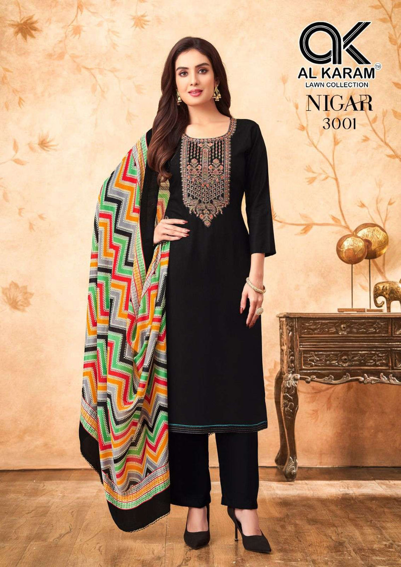 Al Karam Nigar Vol 3 Pure Rayon Embroidered Savrovaski Diamond Work Salwar Suit