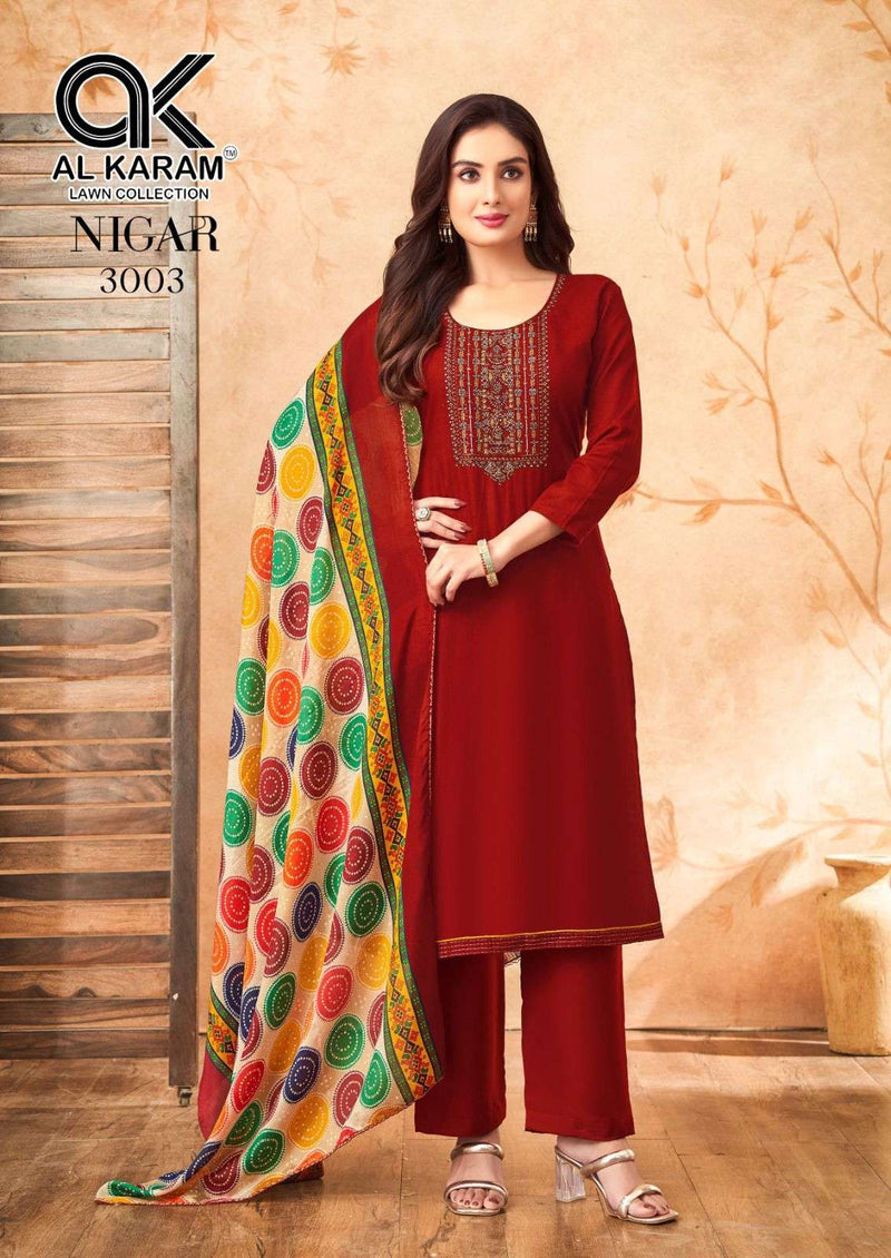 Al Karam Nigar Vol 3 Pure Rayon Embroidered Savrovaski Diamond Work Salwar Suit