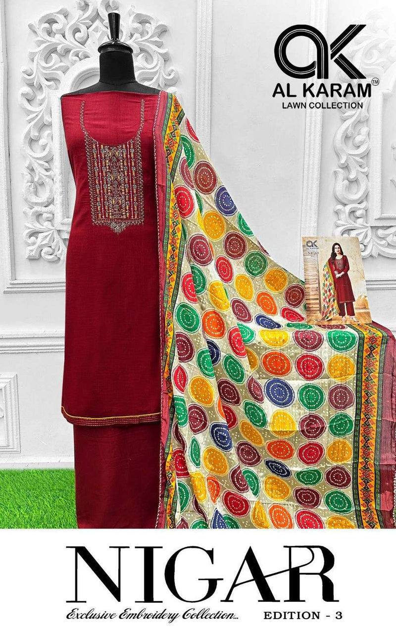 Al Karam Nigar Vol 3 Pure Rayon Embroidered Savrovaski Diamond Work Salwar Suit