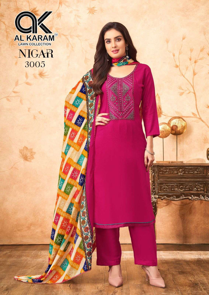 Al Karam Nigar Vol 3 Pure Rayon Embroidered Savrovaski Diamond Work Salwar Suit