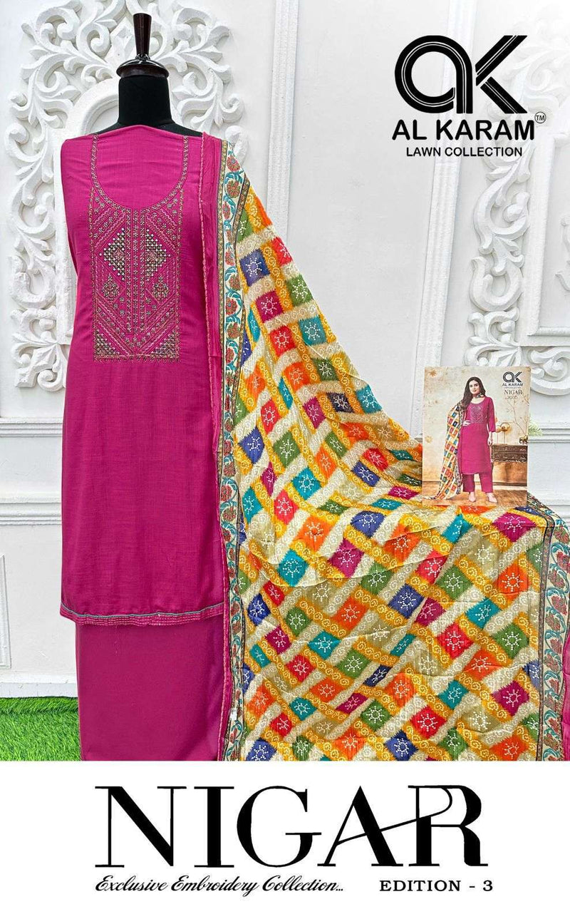 Al Karam Nigar Vol 3 Pure Rayon Embroidered Savrovaski Diamond Work Salwar Suit