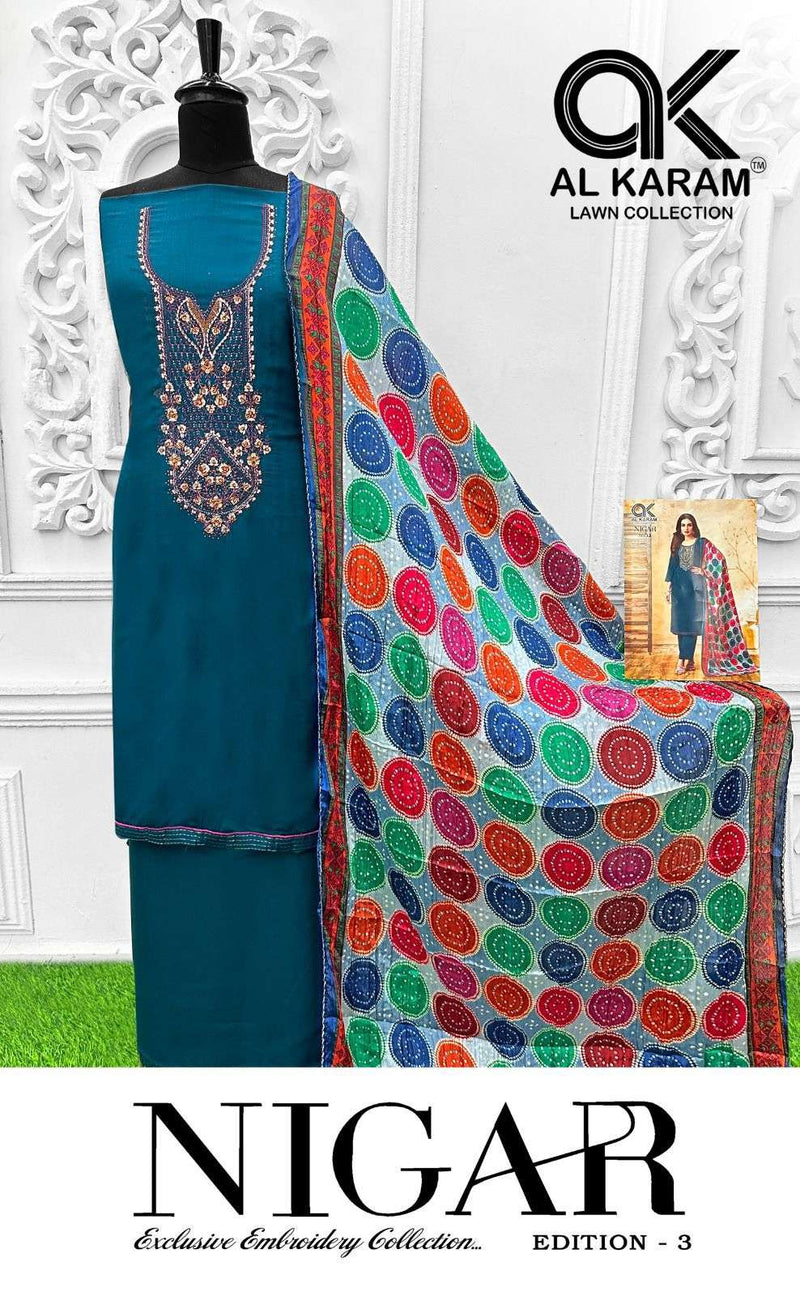 Al Karam Nigar Vol 3 Pure Rayon Embroidered Savrovaski Diamond Work Salwar Suit