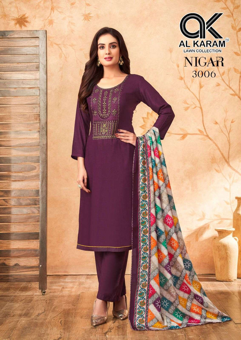 Al Karam Nigar Vol 3 Pure Rayon Embroidered Savrovaski Diamond Work Salwar Suit