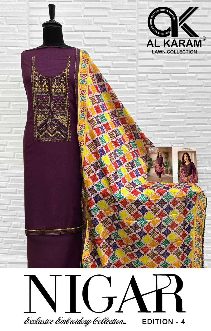 Al Karam Nigar Vol 4 Pure Rayon Embroidered Diamond Work Salwar Suit