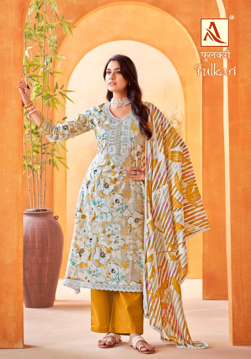 Alok Suit Fulkari Pure Cambric Cotton Floral Print Fancy Embroidery Work Salwar Suit