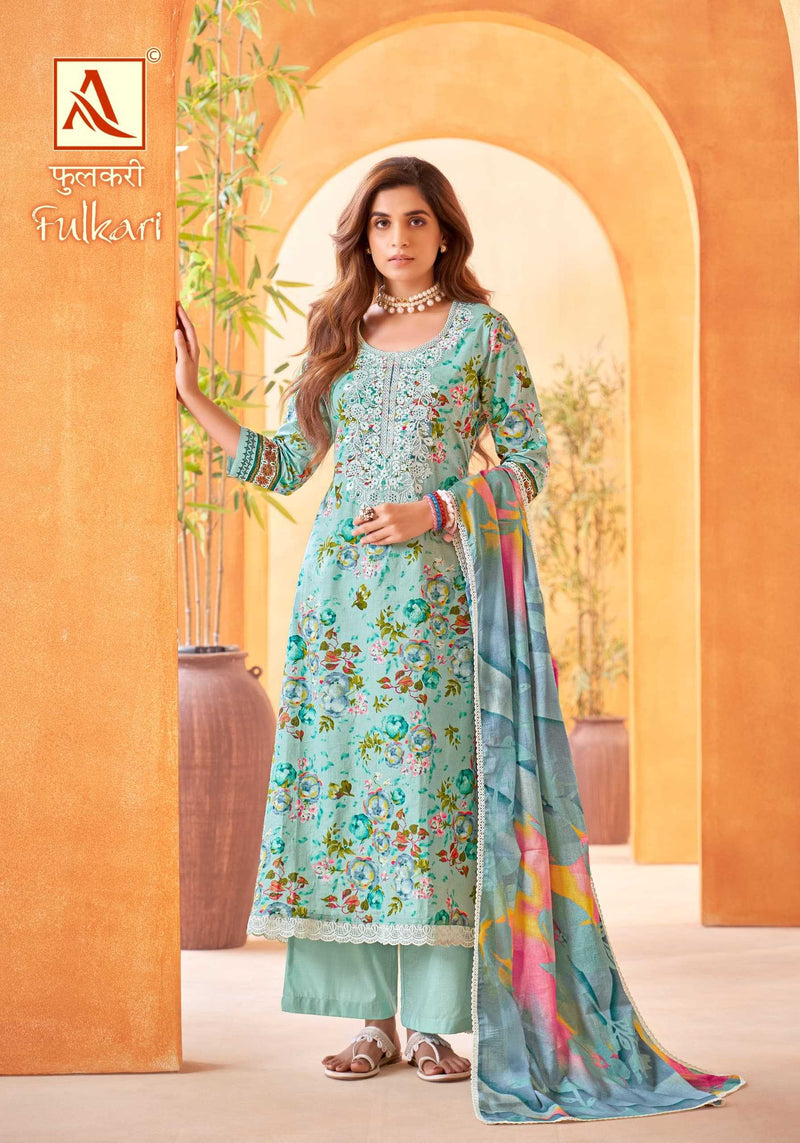 Alok Suit Fulkari Pure Cambric Cotton Floral Print Fancy Embroidery Work Salwar Suit