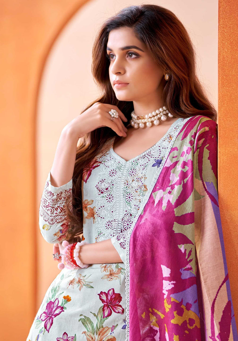 Alok Suit Fulkari Pure Cambric Cotton Floral Print Fancy Embroidery Work Salwar Suit