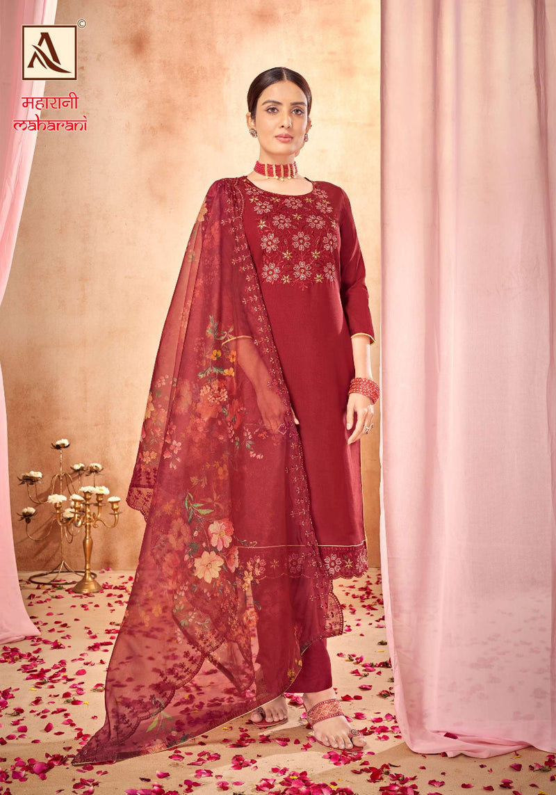 Alok Suit Maharani Vol 3  Viscose Chanderi Dyed With Exclusive Embroidery And Swarovski Diamond Work Salwar Suit