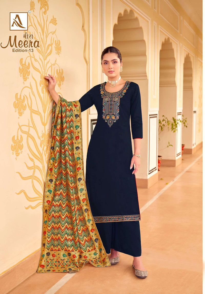 Alok Suit Meera Edition Vol 13 jam Cotton Dyed With Fancy Embroidery And Swarovski Diamond Work  Salwar Kameez