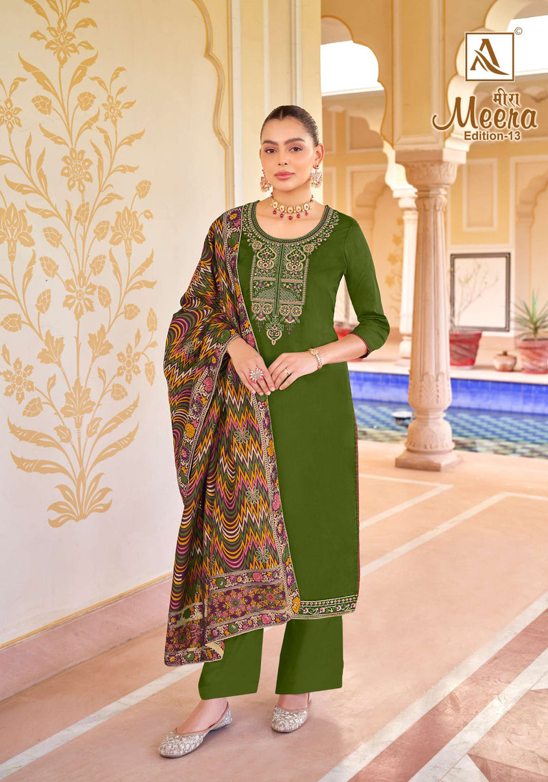 Alok Suit Meera Edition Vol 13 jam Cotton Dyed With Fancy Embroidery And Swarovski Diamond Work  Salwar Kameez