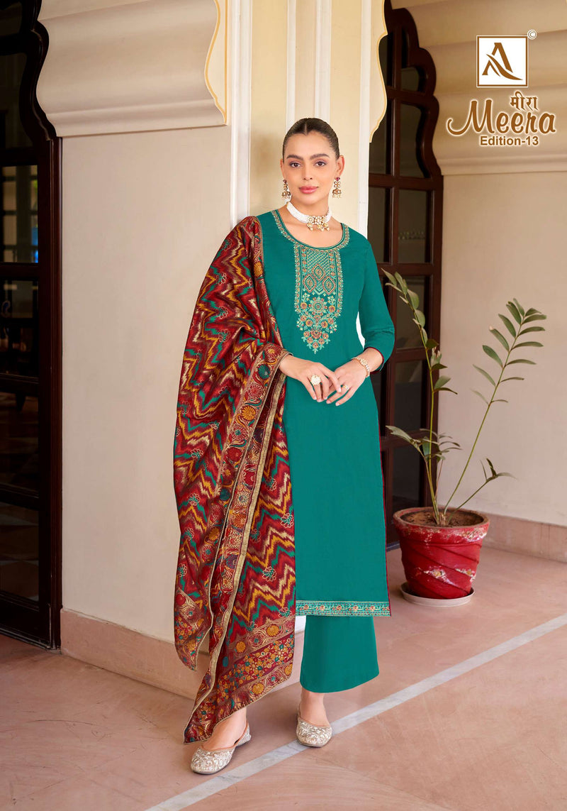 Alok Suit Meera Edition Vol 13 jam Cotton Dyed With Fancy Embroidery And Swarovski Diamond Work  Salwar Kameez