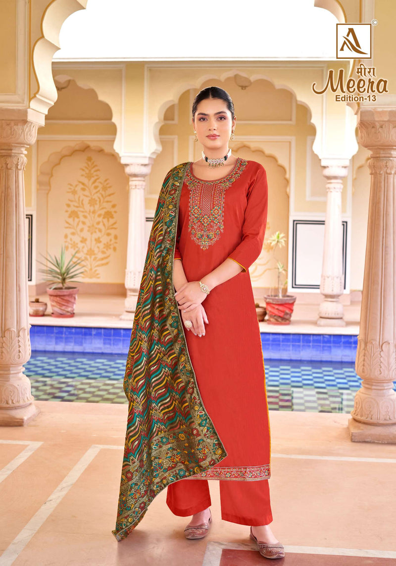 Alok Suit Meera Edition Vol 13 jam Cotton Dyed With Fancy Embroidery And Swarovski Diamond Work  Salwar Kameez