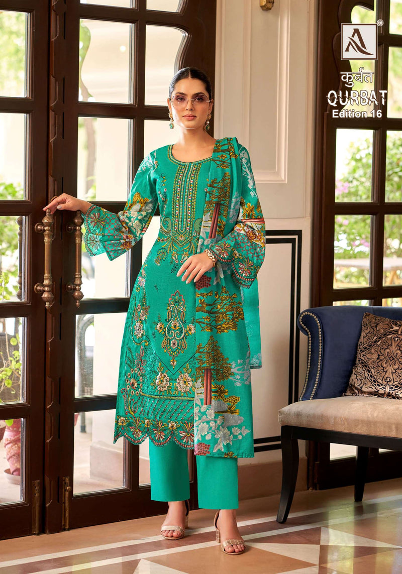Alok Suit Qurbat vol 16 Cotton  Cambric Front Full Embroidery With Daman And Sleeves Patch With Back Pakistani Printed Salwar Suit