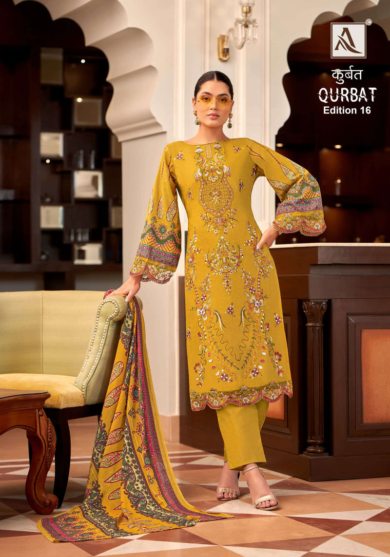 Alok Suit Qurbat vol 16 Cotton  Cambric Front Full Embroidery With Daman And Sleeves Patch With Back Pakistani Printed Salwar Suit