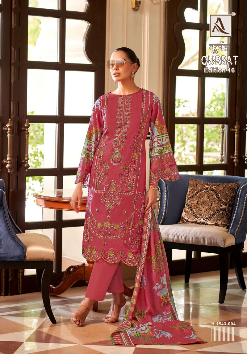 Alok Suit Qurbat vol 16 Cotton  Cambric Front Full Embroidery With Daman And Sleeves Patch With Back Pakistani Printed Salwar Suit