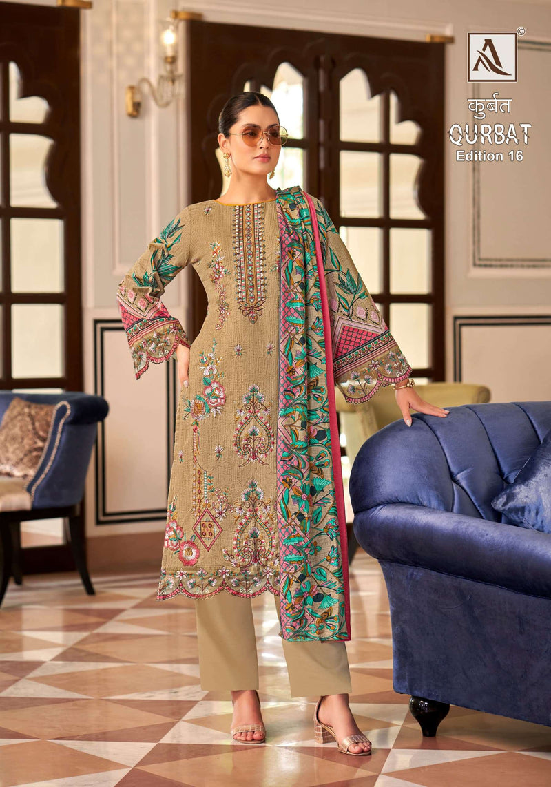 Alok Suit Qurbat vol 16 Cotton  Cambric Front Full Embroidery With Daman And Sleeves Patch With Back Pakistani Printed Salwar Suit